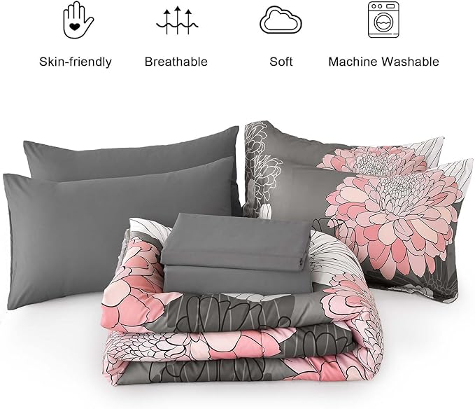 Yiran Cal King Flower Boho Comforter Set Gray Pink Bed in a Bag 7 Pieces Floral Bedding Set (1 Comforter 1 Flat Sheet 1 Fitted Sheet 2 Pillowcases 2 Pillow Shams)