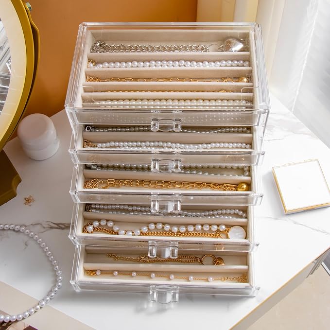 YUFONG Necklace Holder Organizer, Dustproof Necklace Box Velvet Necklace Organizer Box with Lid Clear Acrylic Dustproof Stackable Jewelry Displays for Necklaces Chain Display (Beige, 5 Drawer) - Image 5