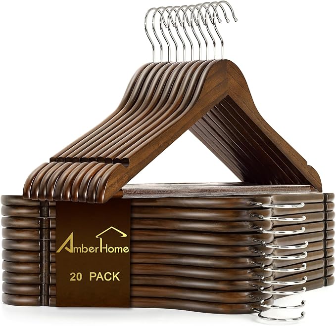 Amber Home 20 Pack Walnut Wooden Coat Hangers, Vintage Wood Suit Hangers with Non-Slip Pant Bar, Clothes Hangers for Closet Organization, Shirts, Jackets, Dresses, and Pants (Retro, 20) by AmberHome
