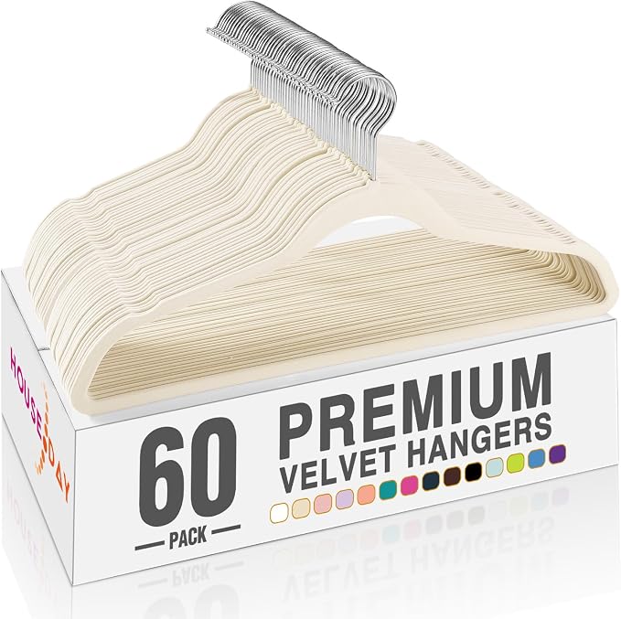 HOUSE DAY Ivory Velvet Hangers 60 Pack, Non Slip Clothes Felt Hanger Heavy Duty for Coat, Premium Slim Space Saving Suit Hangers for Closet Organizer, 360° Rotating Silver Hook by HOUSEDAY