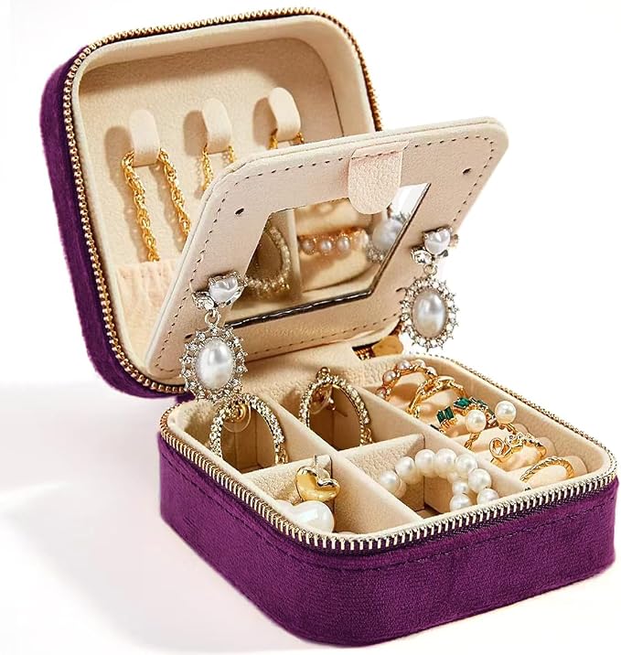 Smileshe Travel Velvet Jewelry Box with Mirror, Mini Gifts Case for Women Girls, Small Portable Organizer Boxes for Rings Earrings Necklaces Bracelets by SMILESHE