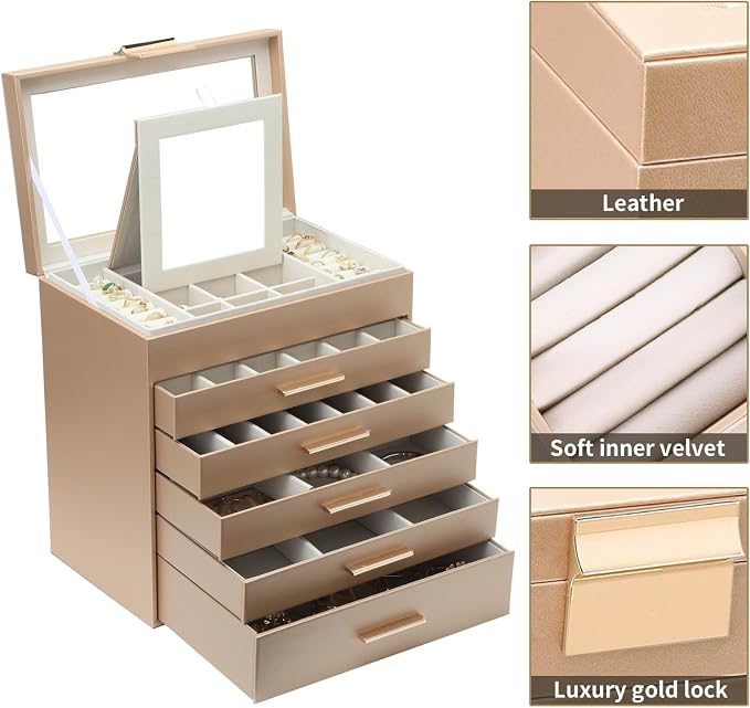 BOOVO Jewelry Boxes for Women, White and Black 6 Layer Large Jewelry Box for Necklace, Bracelet, Earrings, Rings Storage, Jewelry holder Organizer for Girls Gift (Gold, 6 layer) - Image 2