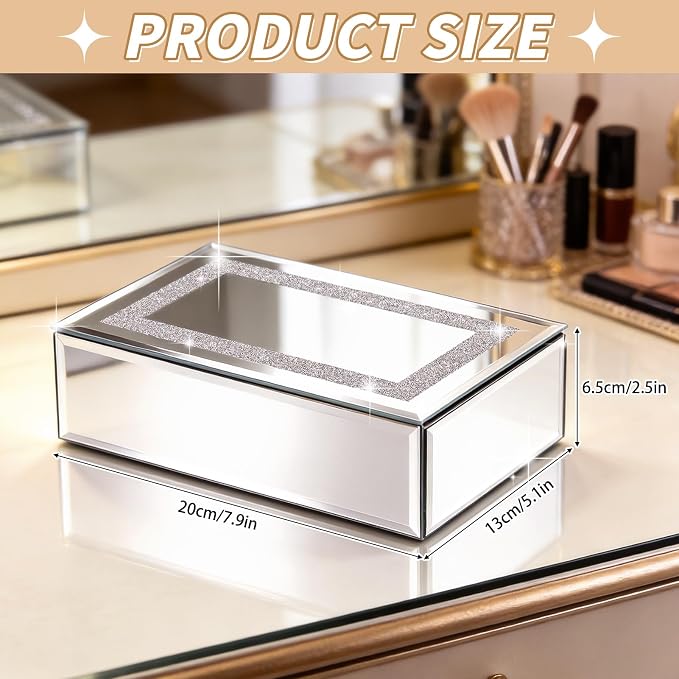 Luxury Mirrored Jewelry Box with Crushed Diamond - Glass Jewelry Box Organizer Storage Ring Holder Case for Women - Image 2