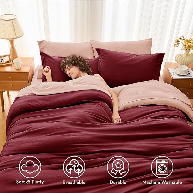 MUXHOMO 7 Pieces Queen Comforter Set, Soft Bed in a Bag Queen Size, All Season Bedding Set with Comforter, Flat Sheet, Fitted Sheet, Pillowcases & Shams, Burgundy & Rose Gold