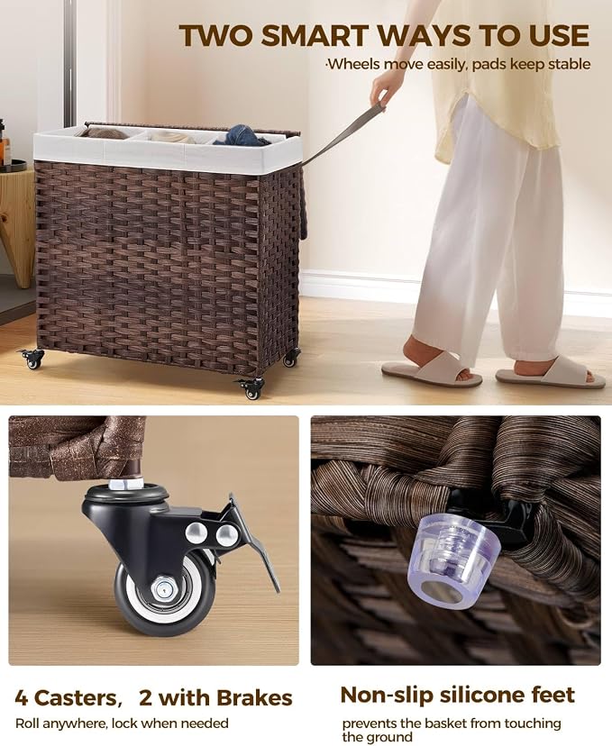 GREENSTELL Laundry Hamper with Wheels&Lid, 130L Large 3 Sections Clothes Hamper with 2 Types Removable Liner Bags, 5 Mesh Laundry Bags, Handwoven Divided Laundry Basket Brown - Image 3