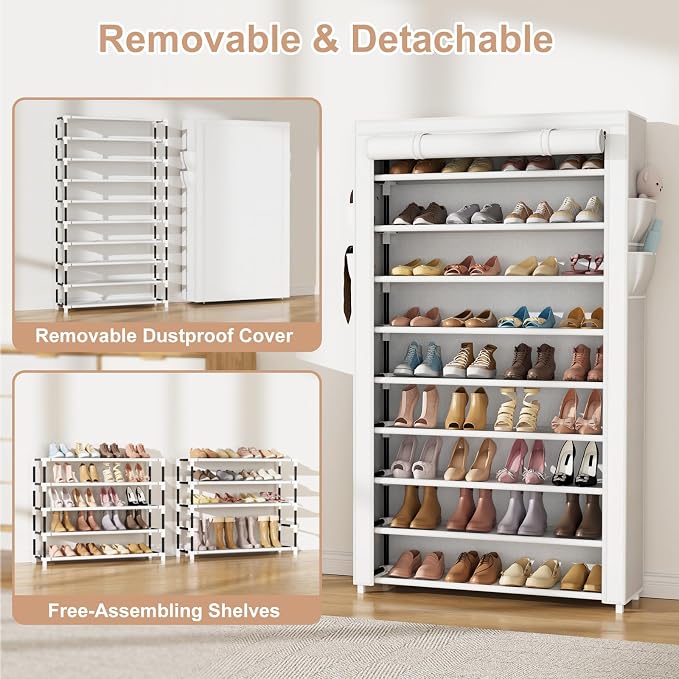 VILICK Shoe Rack with Cover Narrow Shoe Organizer with Pockets 10 Tier Tall Shoe Storage Holds 36-41 Pairs Shoes and Boots Shoe Rack for Closet Entryway Garage, White - Image 6