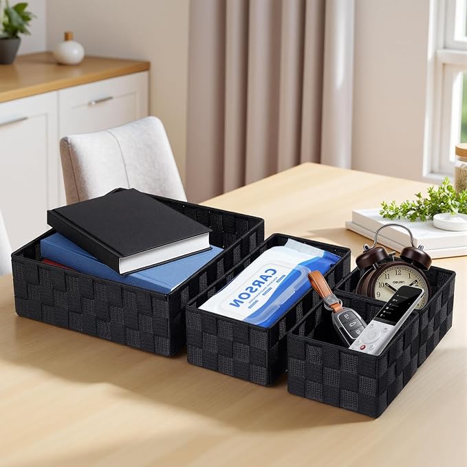 Posprica Small Black Baskets Cube Bin Container Tote,Woven Storage Baskets for Organizing Organizer Divider for Drawer, Closet, Shelf, Dresser, Set of 4 - Image 7