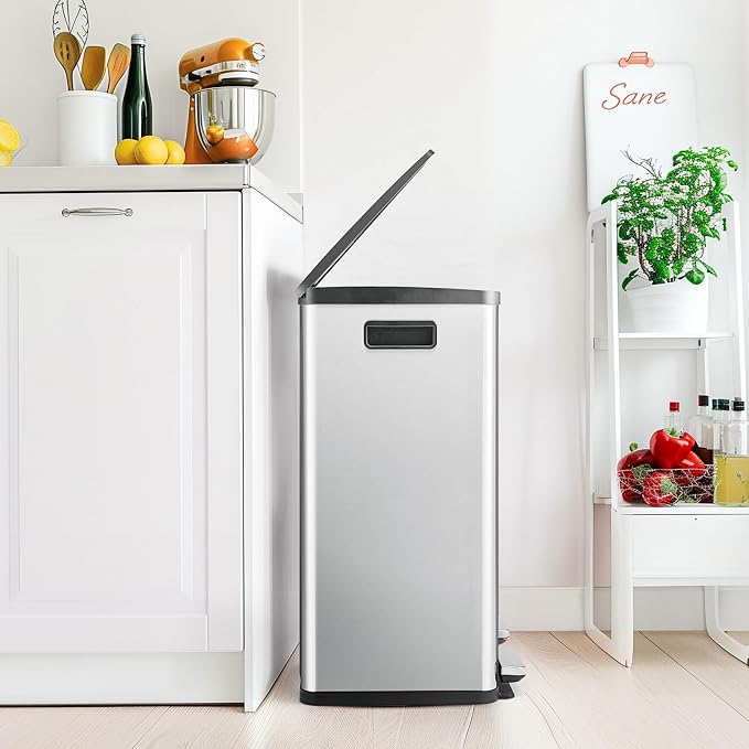 DUMOS Kitchen Trash Can, 2×8-Gallon Garbage Can with Lid, Stainless Steel Trash Bin with 2 Removable Inner Buckets, Soft-Close Foot Pedal, Fingerprint-Resistant for Kitchen Home Office - Image 7