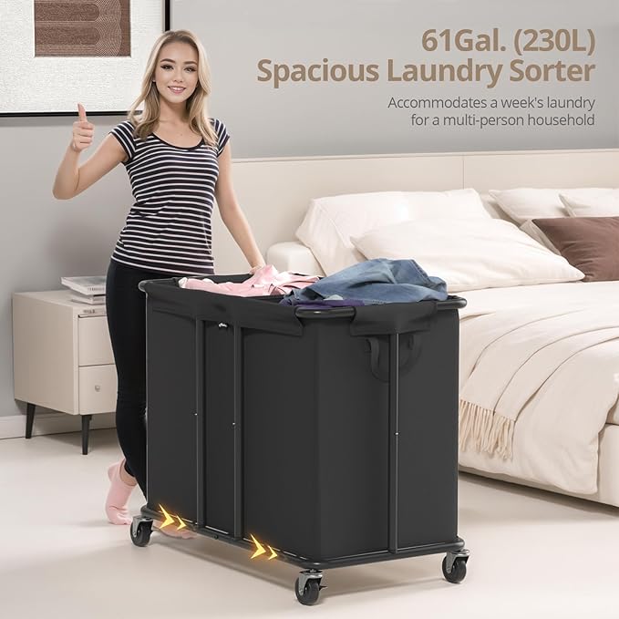 Hodonas Laundry Hamper with Wheels, 2-Section 230L (61Gal) Large Capacity, Heavy-Duty Rolling Clothes Basket with Silent Rubber Casters & Detachable Oxford Bags for Home, Black, 31.5"Lx15.75W"x30.7"H - Image 3