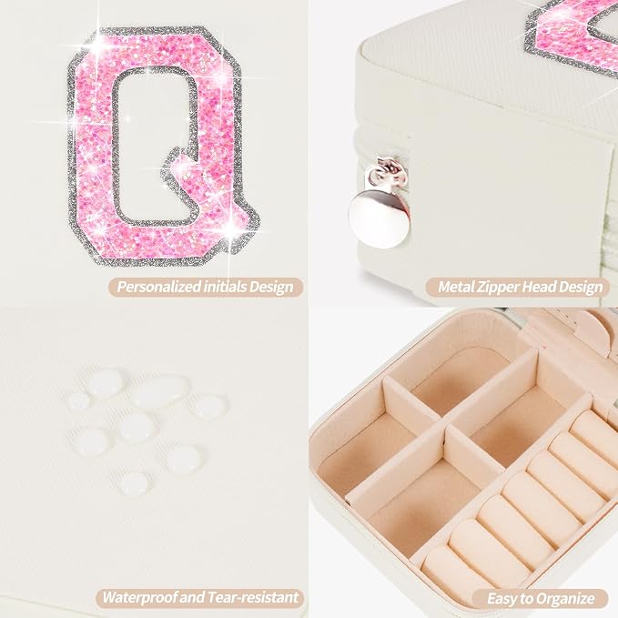Uygafly Personalized Jewelry Case for Women Girls - Fashion Mini Jewelry Boxes - Trendy Travel Jewelry Organizer with Initials Letter - Teen Gifts | Cream,Q - Image 4