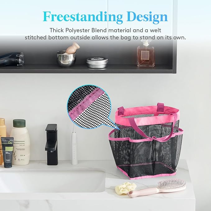 Lifewit Mesh Shower Caddy Portable for College Dorm Room Essentials with 7 Pockets, Freestanding Hanging Organizer Basket, Quick Dry Tote Bag for Camping, Bathroom, Beach, Travel, 1 Pack, Pink - Image 3