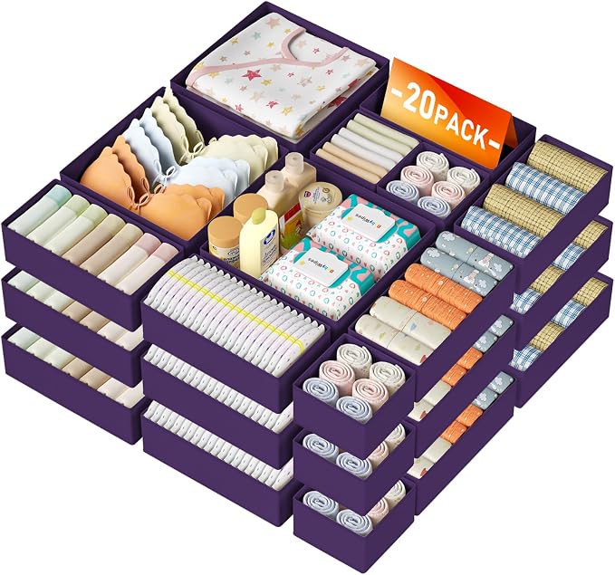 DIMJ Drawer Organizer Clothes Storage - 20 Pack Baby Dresser Organizer for Nursery, Foldable Closet Drawer Bins for Bedroom Organization, Fabric Storage Dividers for Socks, Underwears, Purple by DiMJ