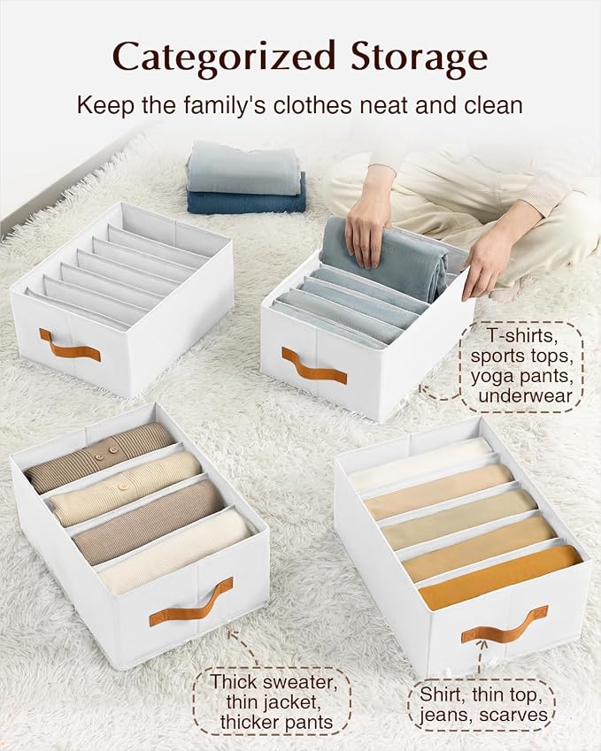Homsorout Clothes Organizers and Storage - 4/5/7 Grids Fabric Jeans Organizer with Handles, Foldable Closet Organizers Dividers, Wardrobe organizer for Pant, Sweater, T-shirt, Scarf, 3 Pack, White - Image 2
