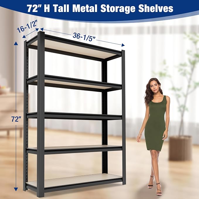 WORKPRO House 3000lbs 5-Tier Shelving Unit, 72" H Adjustable Storage Shelves, Boltless Book Shelf, Shelf Organizer for Kitchen, Living Room, Bathroom, Wood Grain Pattern, Waterproof Board, Black - Image 3