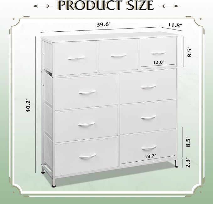 WLIVE 9-Drawer Dresser, Fabric Storage Tower for Bedroom, Hallway, Closet, Tall Chest Organizer Unit for Bedroom with Fabric Bins, Steel Frame, Wood Top, Easy Pull Handle, White - Image 3