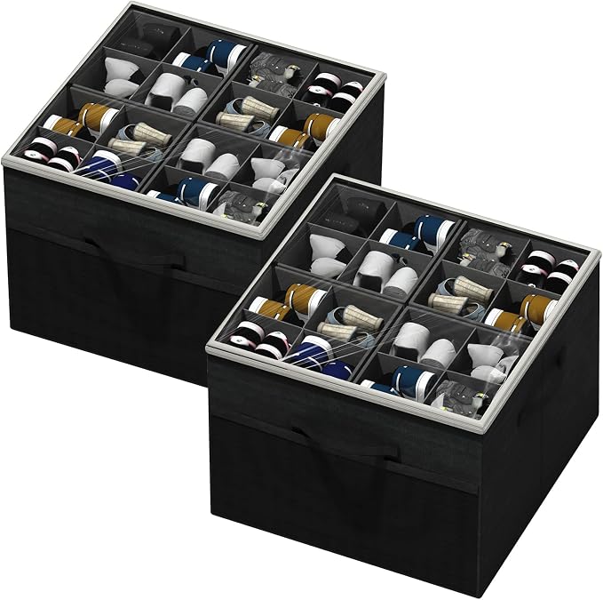 Aokeyee Shoe Organizer for Closet,2 Pack Foldable Shoe Storage Organizer Box Bin with Adjustable Dividers and Clear Cover, Fits up to 16-32 Pairs by Aokeyee