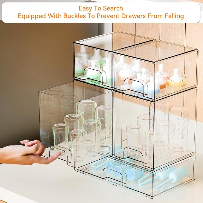 Yieach 5 Set Clear Baby Bottle Organizer for Countertop,BPA FREE Bottle Station Organizer for Breast Pump Parts,Pacifier and Baby Accessories,Stackable Drawers for Bathroom,Cabinet,Pantry Organization - Image 4