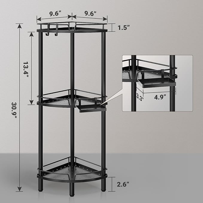 ELYKEN Corner Shower Caddy Standing, 3 Tier Rustproof Metal Shower Organizer with Soap Holder, Floor Shower Corner Shelf Rack Storage Stands with Adjustable Feet & 2 Hooks for Bathroom, Black - Image 2