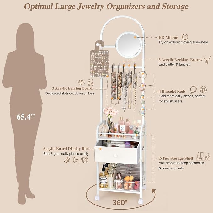 Keebofly Floor Jewelry Organizer with Adjustable Mirror, 67.52" Tall Jewelry Display Stand with 6 Acrylic Earring Necklace Pegboards, Mobile Jewelry Tower with Large Storage Drawer for Women - Image 4