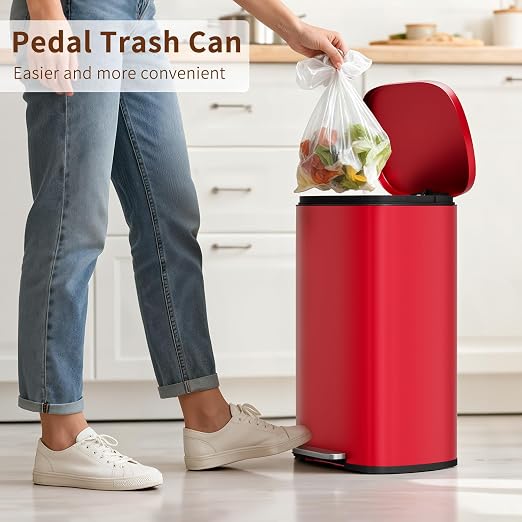 PayLessHere Stainless Steel Trash Can with Lid - Removable Inner Bucket, Foot Pedal, Soft Close for Office, Home, Kitchen (Red, 13 G) - Image 2