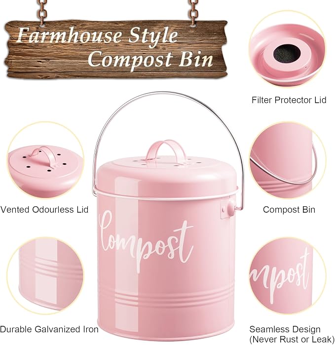 DAYYET Compost Bin Kitchen, 1.3 Gallon Farmhouse Kitchen Compost Bin Countertop, Indoor Countertop Compost Bucket with Lid and Charcoal Filters, Pink - Image 2