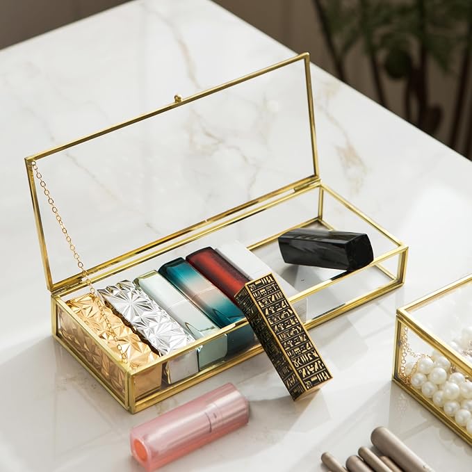 Glass Vintage Jewelry Box Set, 2pcs Rectangle Jewelry Display Lipstick Organizer Box Vanity Lidded Box Home Decor Accent Decorative Box for Storage Trinket Rings Bracelet - Image 4
