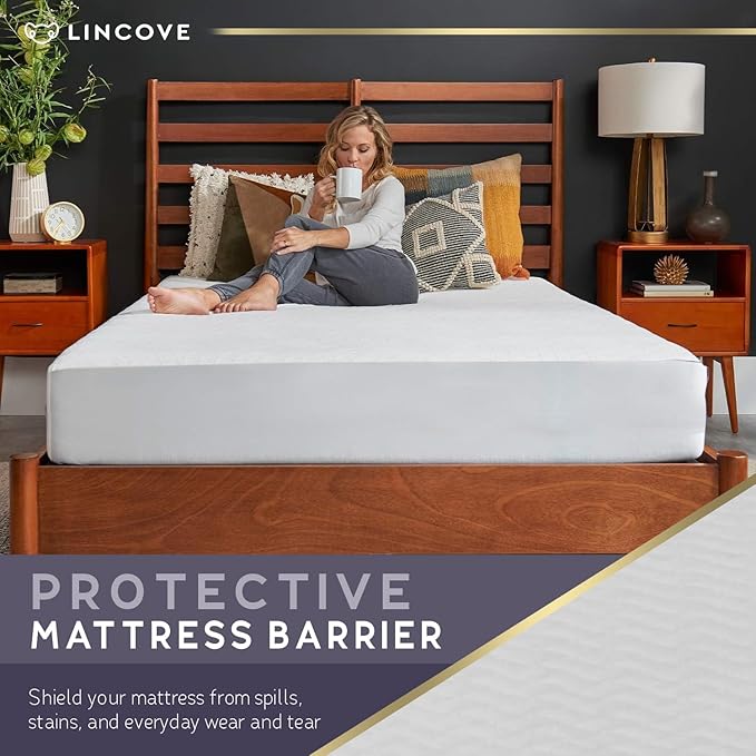 Lincove Quilted Fitted Mattress Protector, King – Elastic Mattress Protector – Bed Topper Covers Up to 16 Inches Deep, 100% Cotton, Breathable Braided Texture, Machine Washable & Dryer Safe