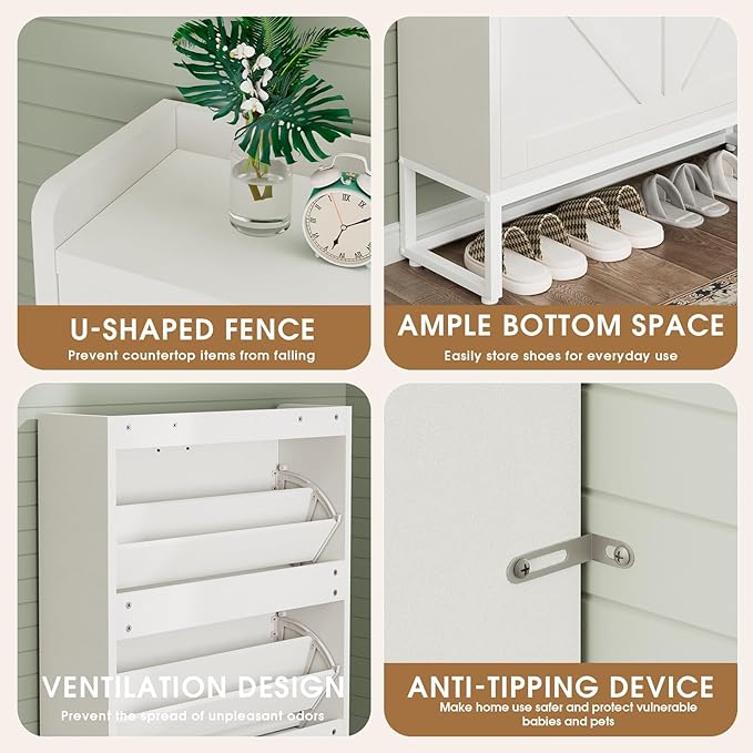 GRUSIGN Shoe Cabinet, Shoe Storage Cabinet with 2 Flip Drawers & Adjustable Shelf, Space-Saving Shoe Organizer – Holds 16+ Pairs, Narrow Shoe Cabinet Storage for Entryway/Hallway（White） - Image 5