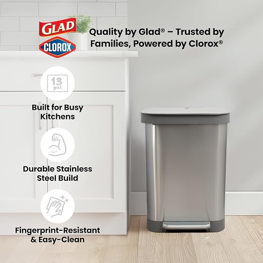 Glad Stainless Steel Step Trash Can, Series 2 with Clorox Protection - Large Metal Kitchen Garbage Bin with Soft Close Lid, Foot Pedal and Waste Bag Roll Holder, 13 Gallon - Image 9
