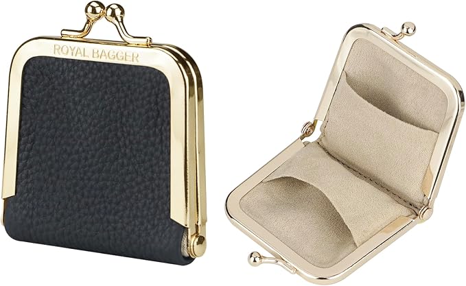 Royal Bagger Genuine Cow Leather Ultra-Slim Mini Jewelry Box, Ring & Necklace Storage, Slim Coin Purse with Kiss Lock for Women 3120 (Black) by ROYALBAGGER