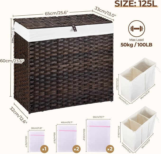 Greenstell Laundry Hamper with Lid, 125L Wicker Laundry Baskets with 2 Removable Liner Bags & 5 Mesh Laundry Bags, Handwoven Rattan Clothes Hamper with Handles for Clothes in Bathroom, Bedroom - Image 5