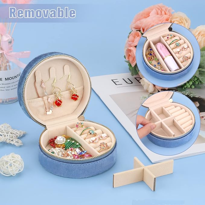 DesignSter Travel Jewelry Box - Velvet Mini Jewelry Organizer, Small Jewelry Case for Girls Women, Jewelry Storage Box for Rings Earrings Necklace (Circular, Blue Fog) - Image 3