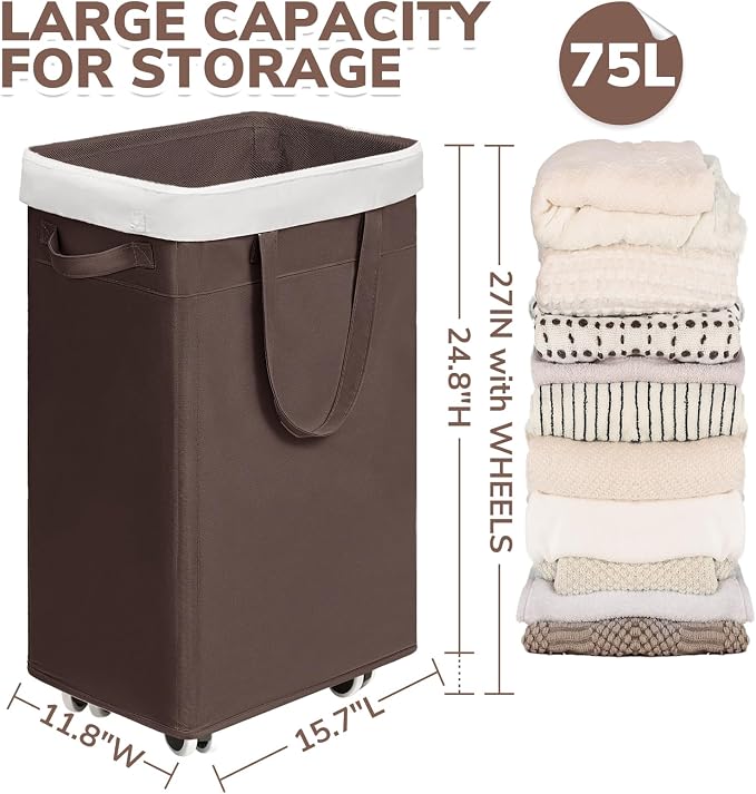 CHICVITA Rolling Laundry Hamper with Wheels, 75L Clothes Hampers for Laundry and Removable Wash Bag, Large Laundry Basket for Living Room, Coffee - Image 4