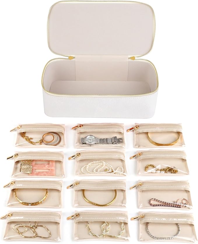 HofferRuffer Jewelry Box Organizer for Women Girls, Travel Jewelry Case with 12 Portable Zipper Bags, Jewelry Storage Ideal for Travel & Home Organization (12pcs-CreamWhite Velvet) - Image 4