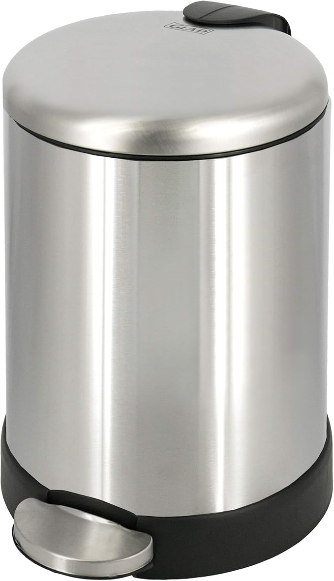 Glad Small Trash Can, 1.2 Gallon | Round Stainless Steel Garbage Bin with Soft Close Lid & Step Foot Pedal | Metal Waste Basket with Removable Inner Bucket, Stainless, 8 x 9.5 x 12 inches by GladTrashFoodStorage