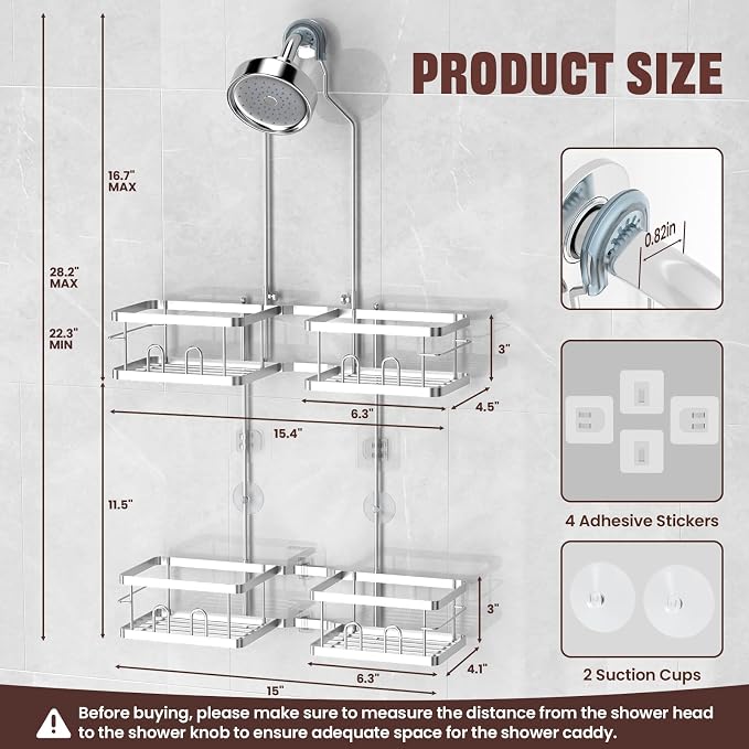 REINHARDT Adjustable Shower Caddy Hanging Rustproof Shower Caddy for Handheld Showerheads, Shower Organizer with Hooks Soap Holder, Anti-Swing Shower Rack Bathroom Accessories, Silver - Image 6