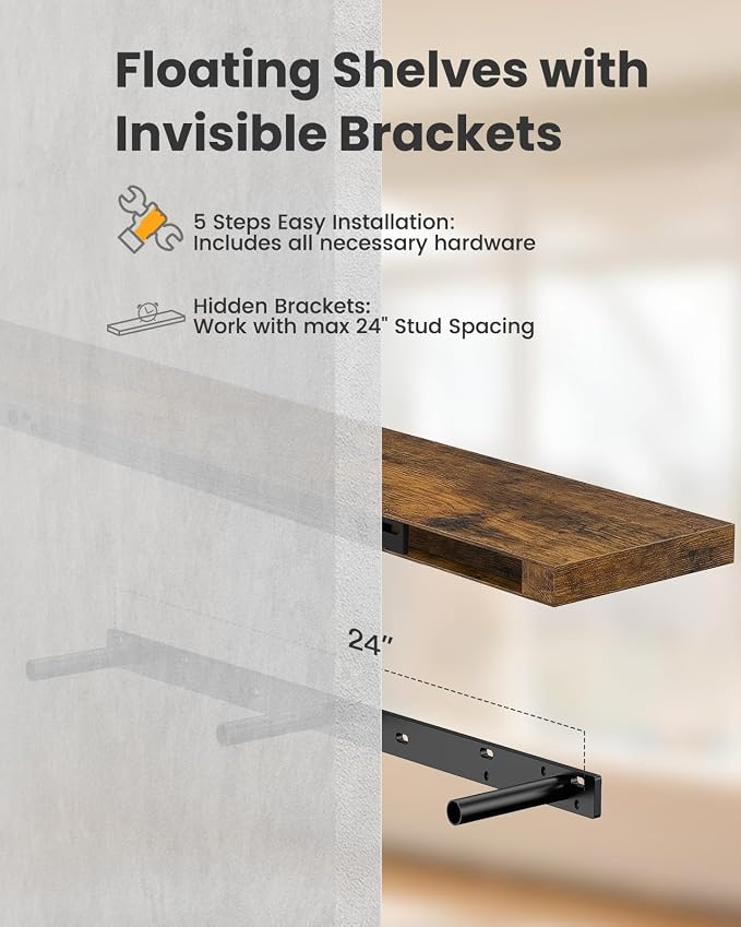 AMADA HOMEFURNISHING 35.4" L Floating Shelves, Wall Shelves Set of 3 for Bathroom/Living Room/Bedroom/Kitchen, Floating Shelves for Wall Decor with Invisible Brackets - AMFS45V - Image 7