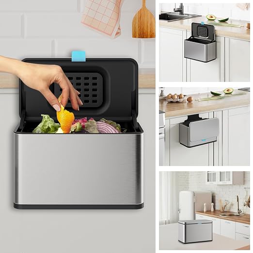 Stainless Steel Hanging Trash Can with Lid and Inner Bucket, 1 Gallon Kitchen Compost Bin for Counter Top, Under Sink or Wall Mount, Small Garbage Can for Cupboard/Bathroom/Bedroom/RV by LINSSEN