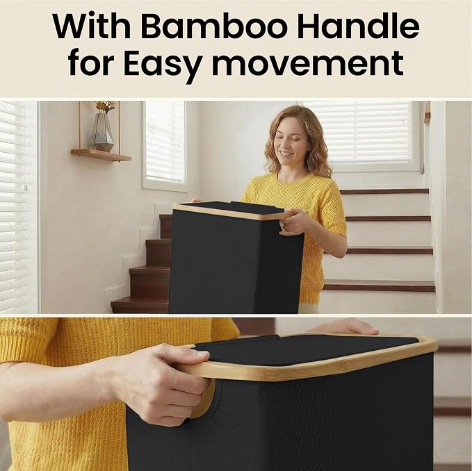 efluky Slim Laundry Basket with Lid, Narrow Laundry Hamper with Removable Bag, Skinny Dirty Clothes Basket with Bamboo Handles for Bathroom, Bedroom & Laundry Room, 75L Black - Image 8