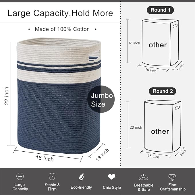 OIAHOMY Laundry Hamper-Laundry Basket,Tall Cotton Storage Basket with Handles,Decorative Blanket Baskets for Living room,Collapsible Large Baskets for Toys,Pillows,Clothes-16x13x22in-Blue - Image 5