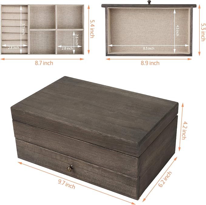 Meangood Jewelry Box Organizer for Women, 2 Layer Large Jewelry Storage Case, Rustic Wooden Jewelry Box with Mirror & Ring Tray for Necklace Earring Bracelets Rings, Vintage Style (Weathered Grey) - Image 8