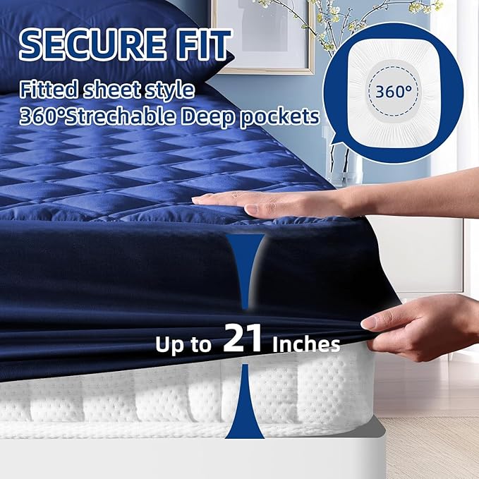 Waterproof Queen Mattress Protector, Breathable Queen Size Mattress Pad Cover Fitted Deep Pocket 8"-21", Soft Noiseless Mattress Cover Washable Padded for Home Bedroom