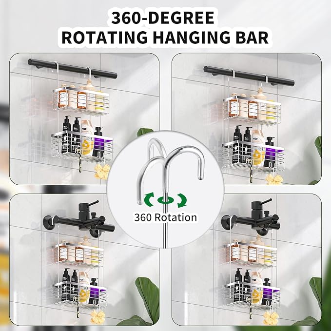 SHANSHUI Shower Hanging Caddy, Double Bathroom Showers Organizer Basket, Shampoo Bracket, Over Door Shower Rack with Hooks, 304 Stainless Steel Rustproof - Image 5