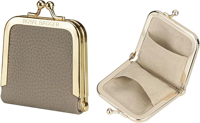 Royal Bagger Genuine Cow Leather Ultra-Slim Mini Jewelry Box, Ring & Necklace Storage, Slim Coin Purse with Kiss Lock for Women 3120 (Elephant Grey) by ROYALBAGGER