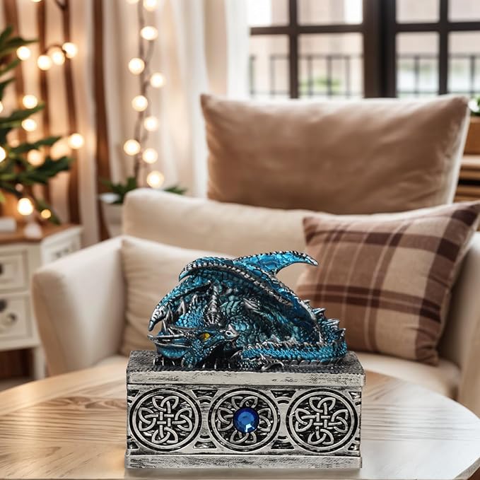 Dragon Statue Jewelry Box, Medieval Fantasy Myth Dragon With Cover Treasure Box, Dragon Statue Decoration Collection Gift Box. (Blue) - Image 4