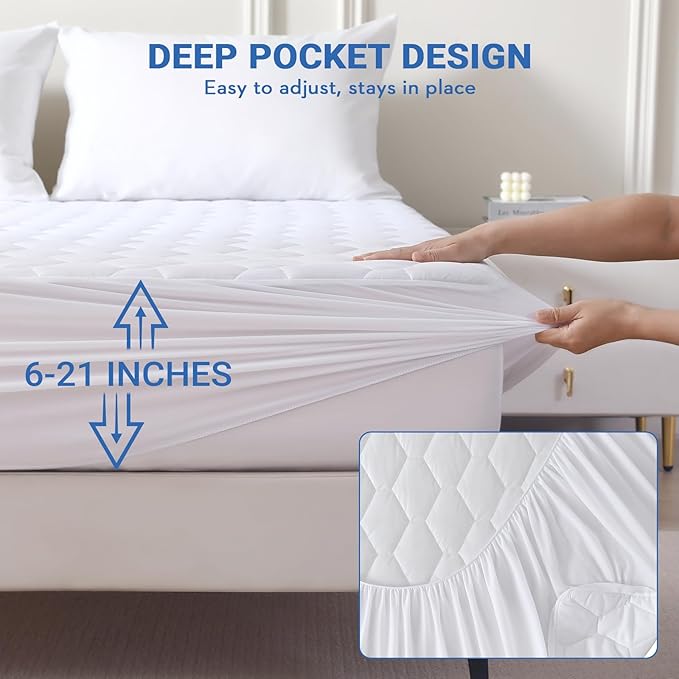 MUXHOMO 2 Pack California King Size Mattress Protector, 100% Waterproof Quilted Mattress Cover Cal King Size Bed, Noiseless Soft & Cooling Mattress Pad Cover, Deep Pocket 6"-21", White