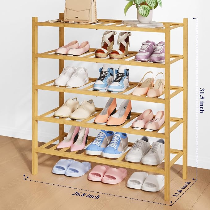 Kitsure Bamboo Wooden Shoe Rack for Closet - Stackable Shoe Organizer with Modular Structure, Space-Saving Shoe Shelf for Entryway, Living Room, Bedroom, 26.8" Wide - 5 Tiers, Natural - Image 2