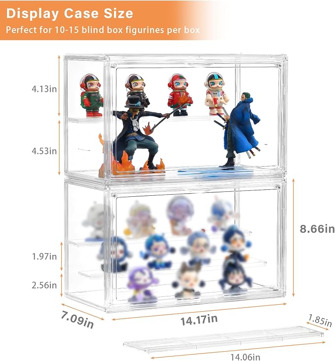 Freebat Clear Acrylic Display Case for Collectibles - 3-Tier Adjustable Figure Display with Magnetic Door & Removable Shelves,Stackable Dispaly box for Figures - 2 Pack - Image 3