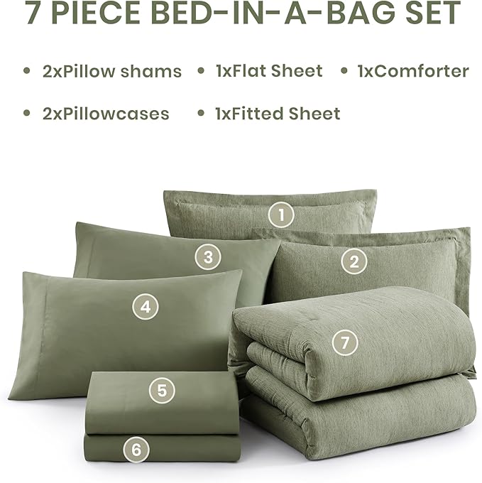 Monbix California King Comforter Set - 7 Pieces Cationic Dyeing Sage Green Bed in a Bag Cal King Bed Sets with Comforter, Sheets, Pillowcases & Shams, Reversible Bedding Comforters Sets