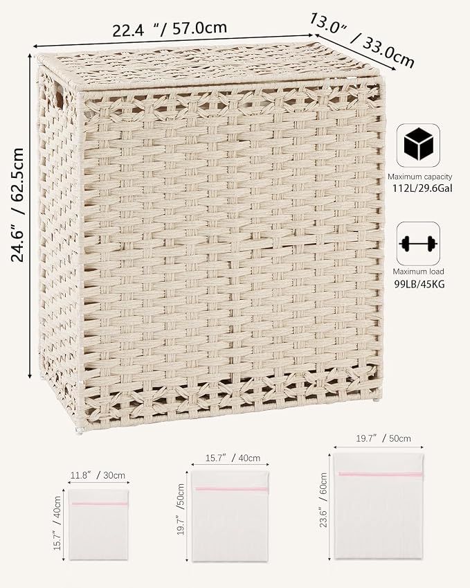 SETVSON Laundry Hamper with Lid Wicker Laundry Basket 112 L (29.6 Gal) Laundry Hampers Handwoven Rattan Clothes Hamper with Handles 3 Removable Liner Bag, 6 Mesh Bags for Bathroom Bedroom Light Khaki - Image 5